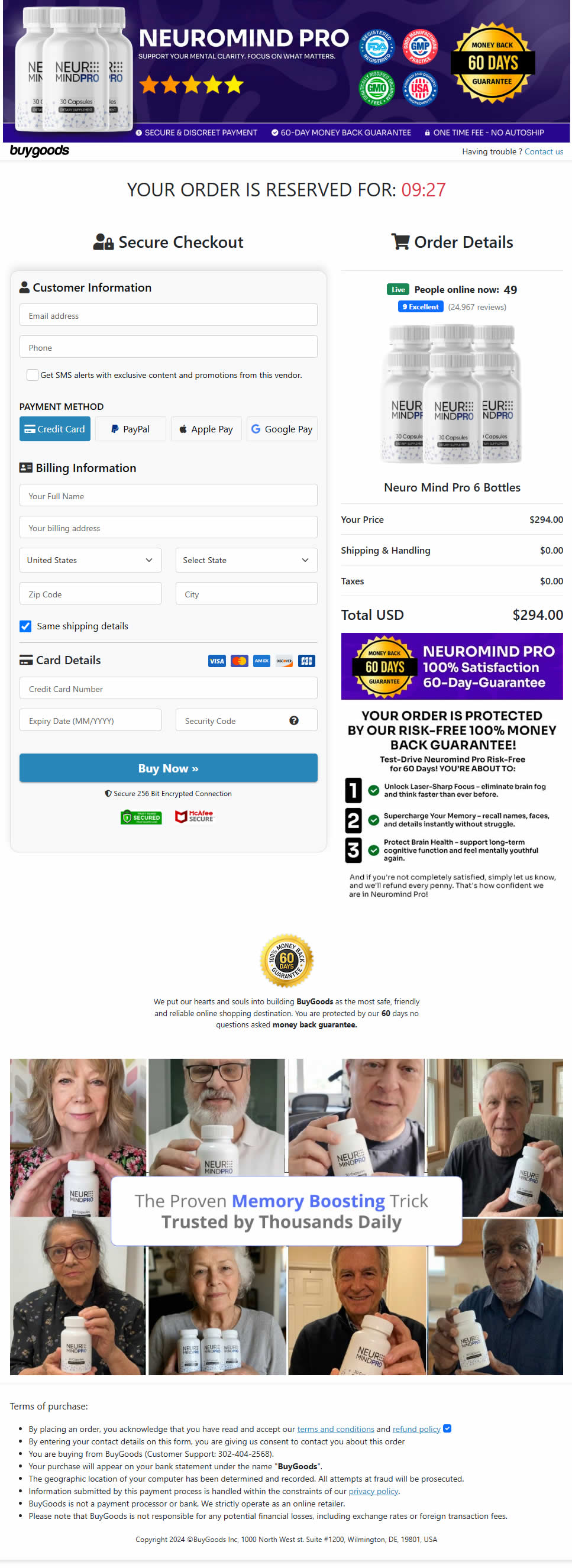 NeuroMind Pro Order Checkout Page